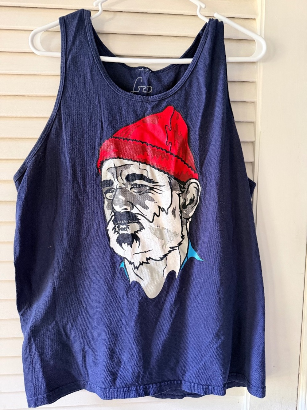LTD Mens Large Fisherman Graphic Tank Top Navy Outdoor Workwear Novelty Retro